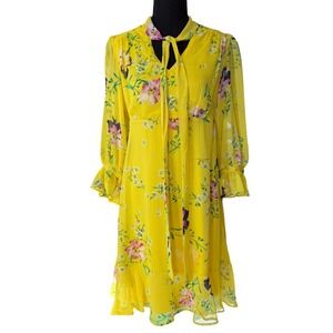 DKNY Floral Tie Neck Dress Womens 8 Yellow Cottagecore Romantic Garden Spring
